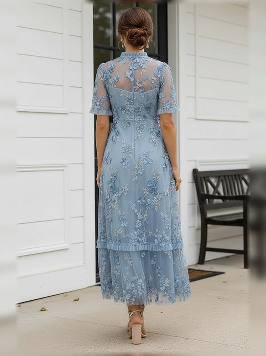 Steel Blue ankle-length mother of the bride dress, alternate view showing the bodice and skirt