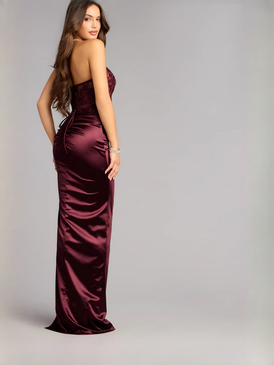 Wine column floor-length formal dress with skirt slit, alternate view
