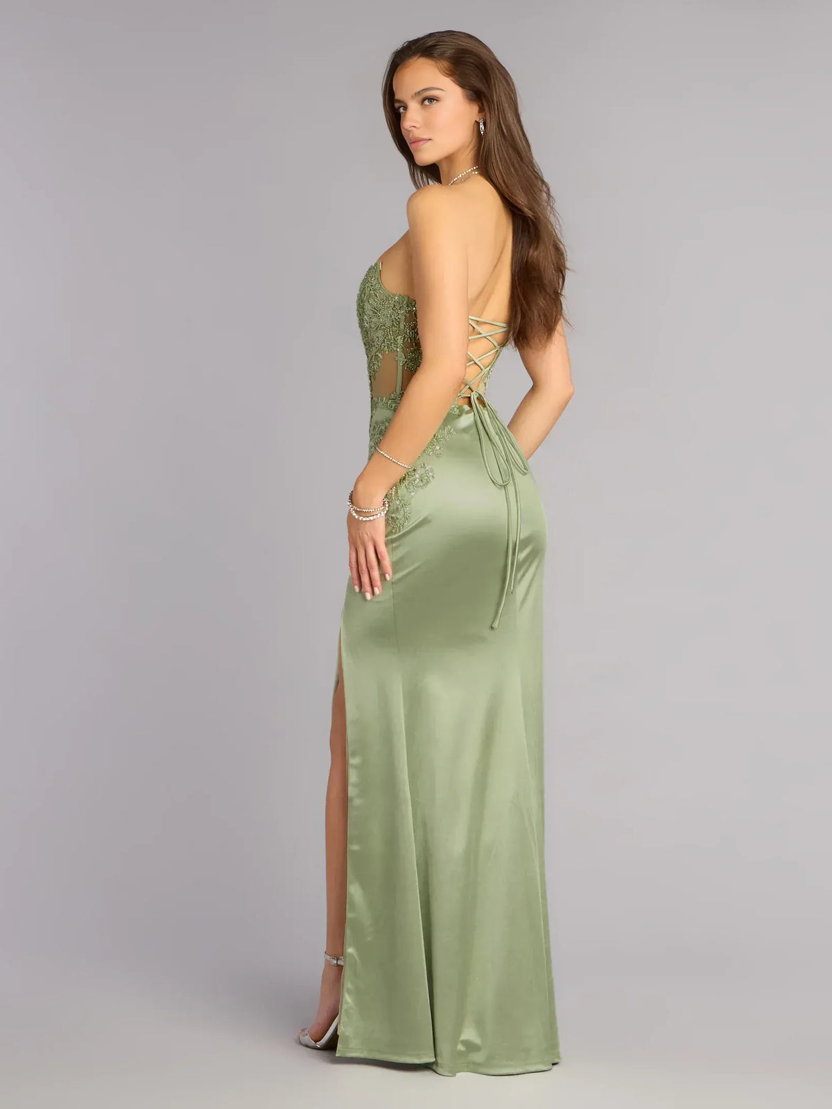 Sage Green mermaid floor-length formal dress with embroidery, alternate view
