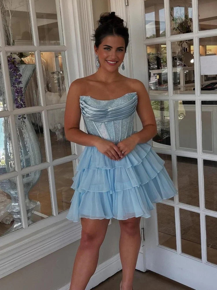 Light Blue mini homecoming dress, back view showing the rear of the dress