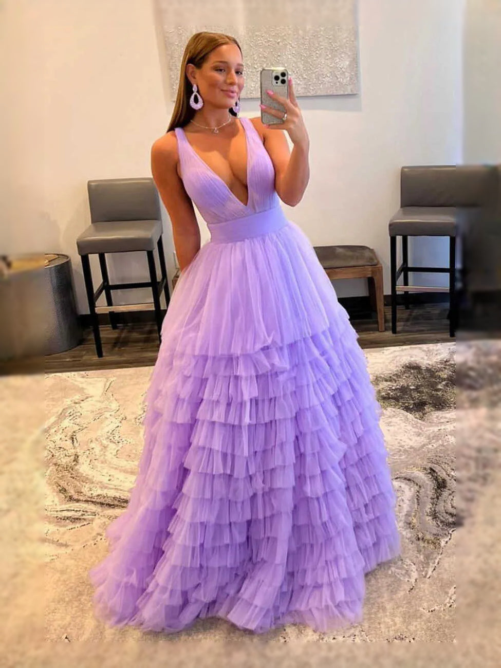 Lavender maxi prom dress, back view showing the rear of the dress