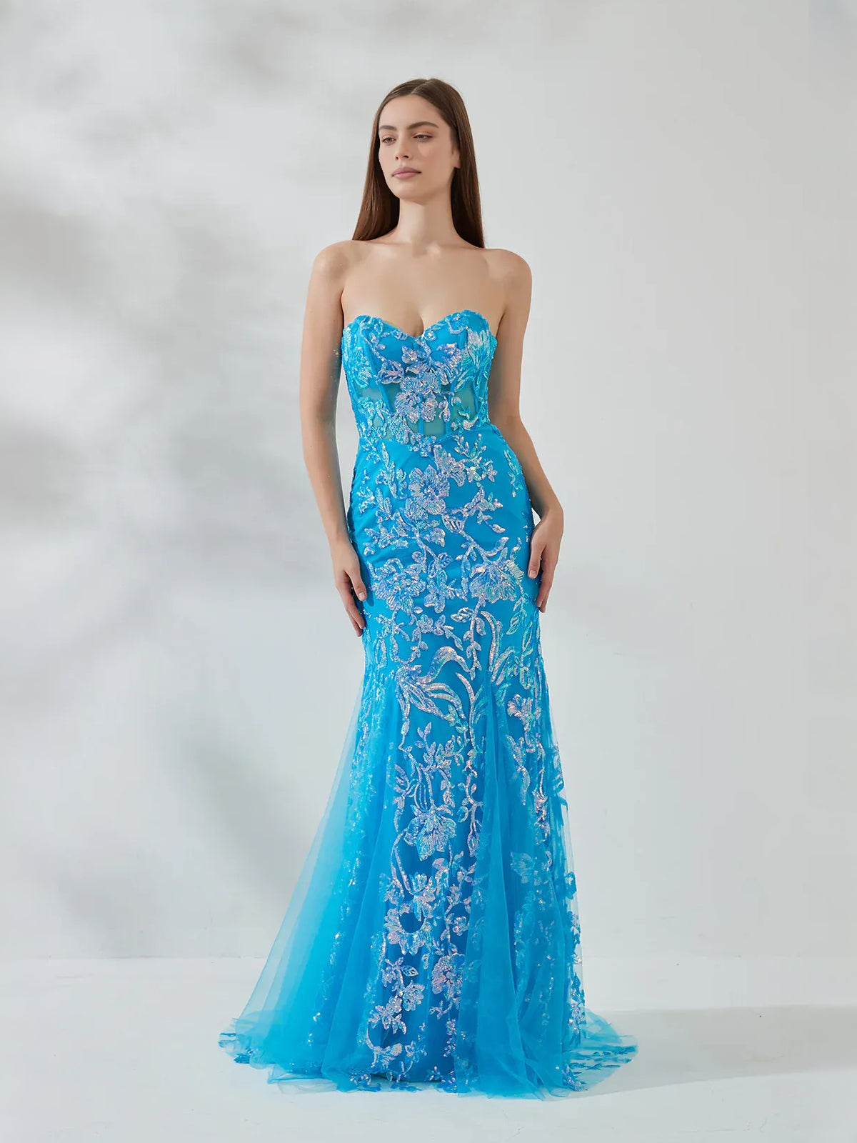 Ocean Blue floor-length prom dress, alternate view showing the bodice and skirt