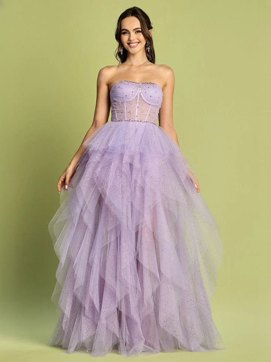 Lilac floor-length prom dress, alternate view showing the bodice and skirt
