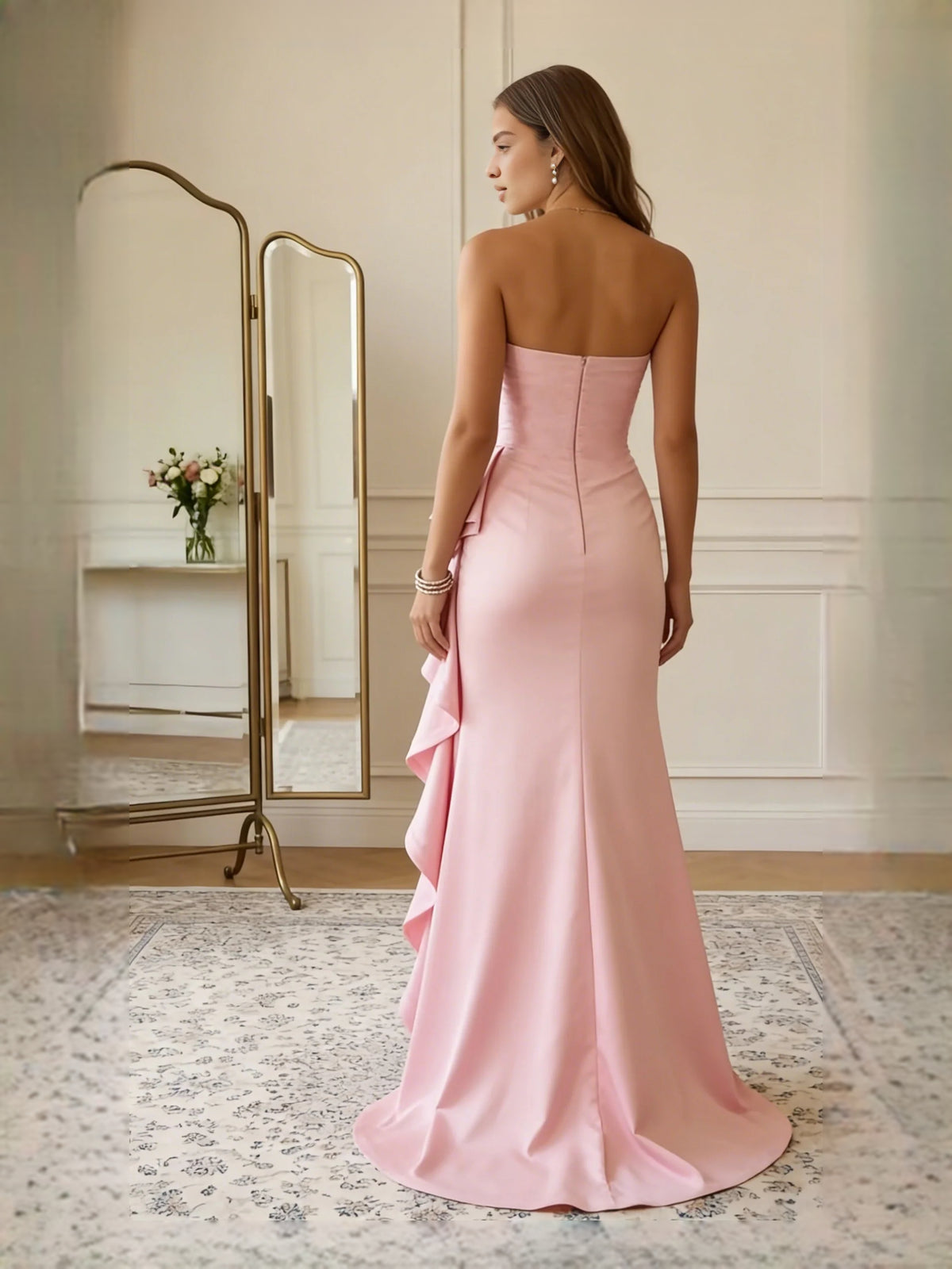 Pink maxi prom dress, back view showing the rear of the dress