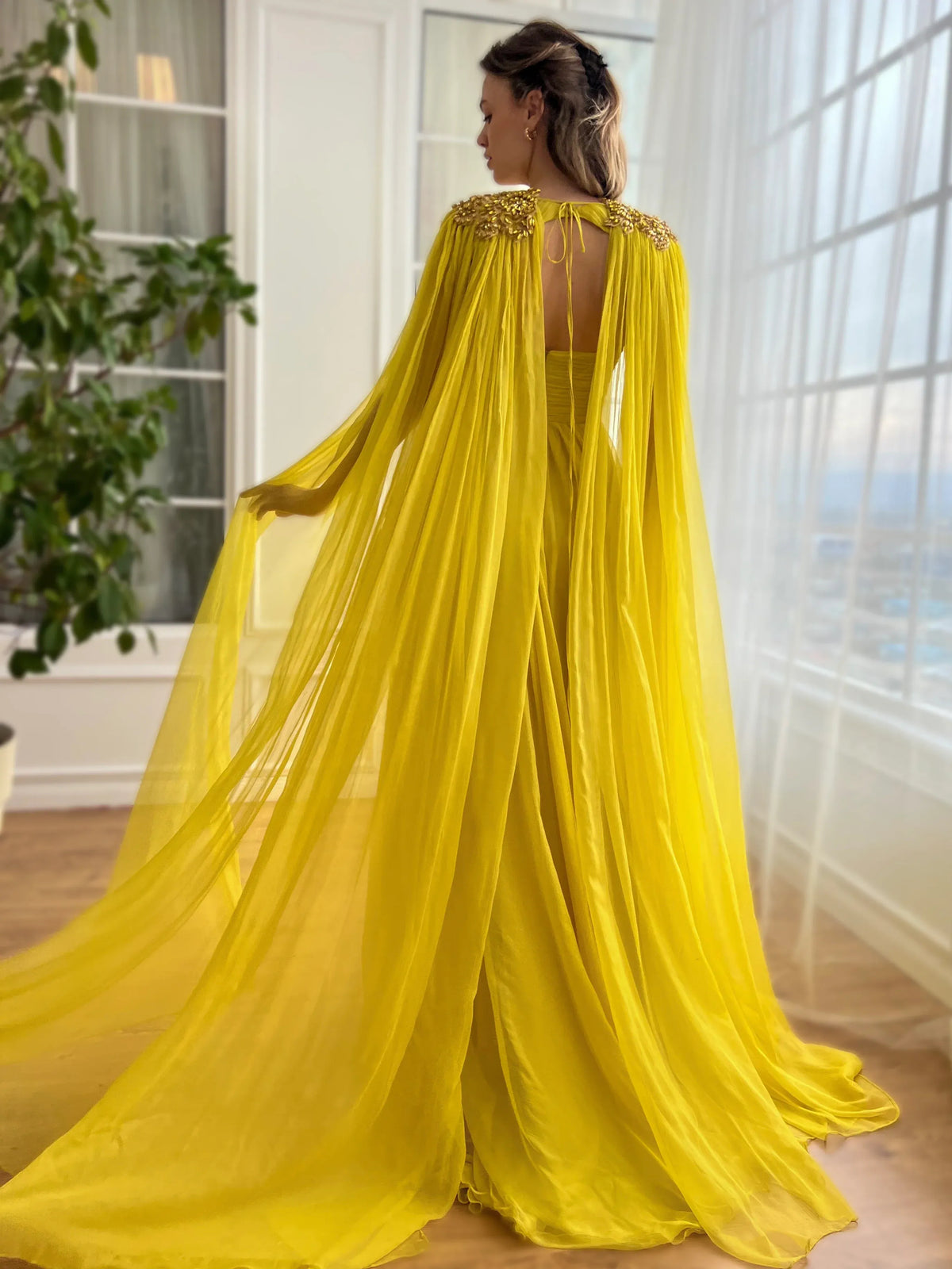 Yellow a-line floor-length formal dress with skirt slit, alternate view