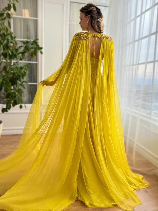 Yellow a-line floor-length formal dress with skirt slit, alternate view