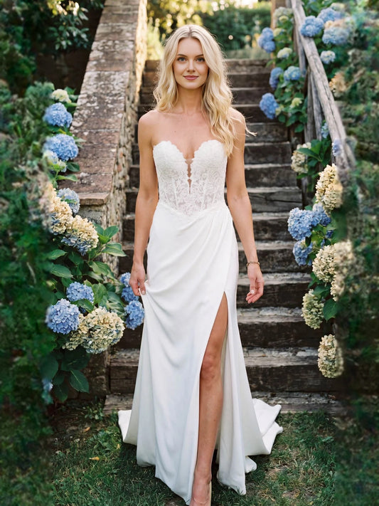 Ivory floor-length wedding dress, alternate view showing the bodice and skirt