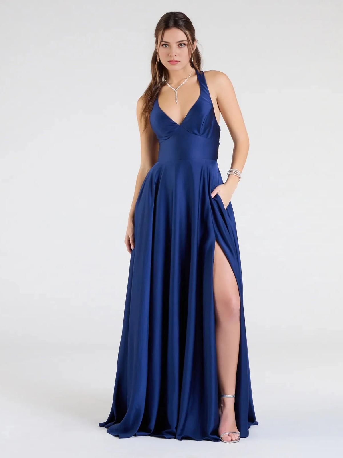 Navy floor-length prom dress, alternate view showing the bodice and skirt