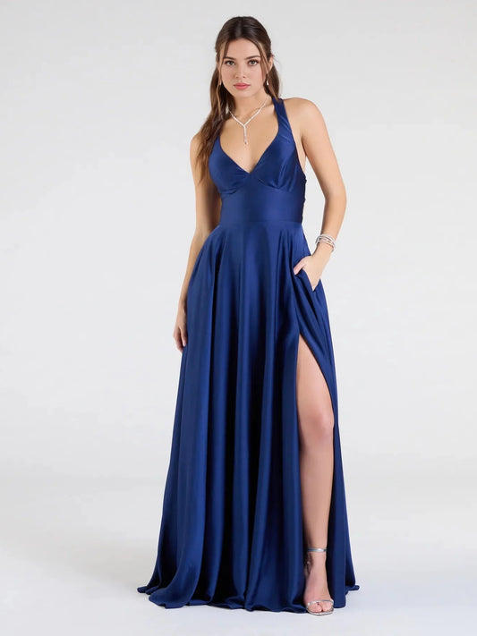 Navy floor-length prom dress, alternate view showing the bodice and skirt