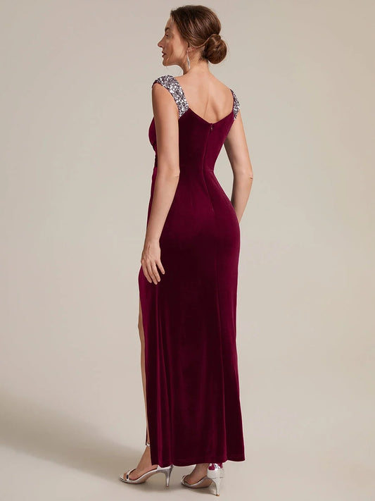 Burgundy maxi mother of the bride dress, alternate view showing the bodice and skirt