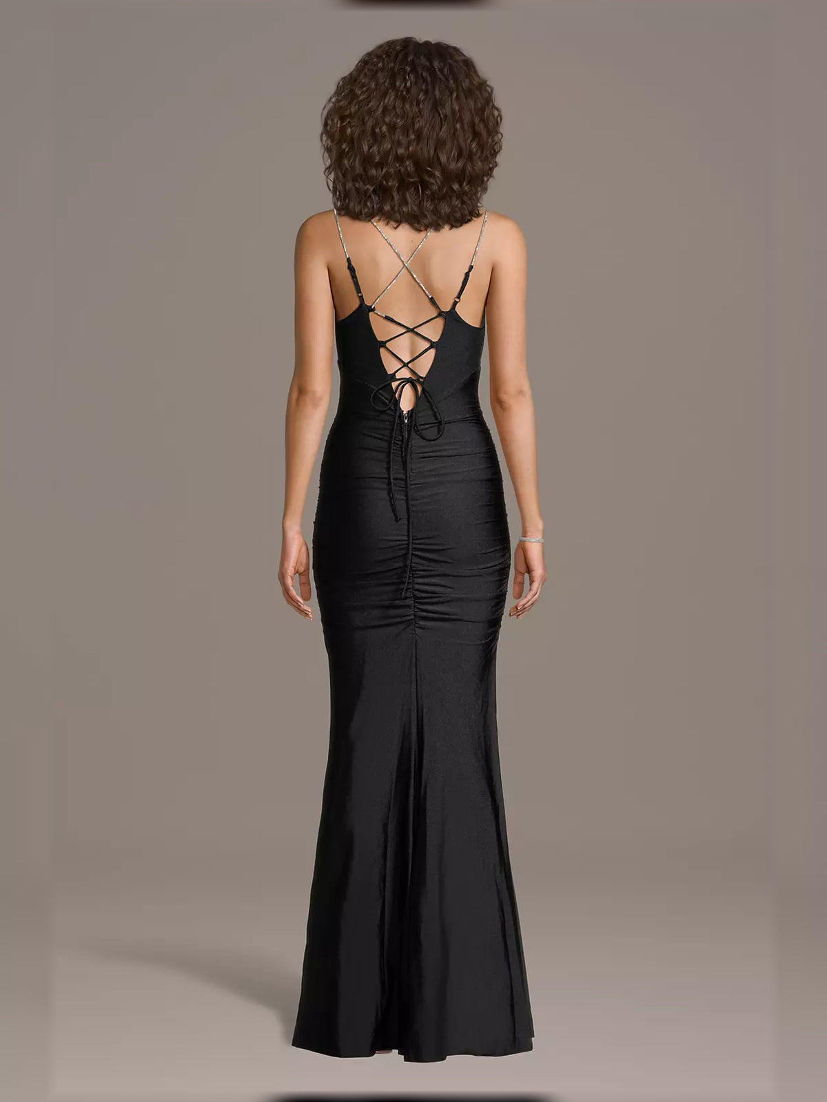 Black mermaid floor-length formal dress with corset-style bodice, alternate view