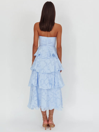 Blue midi formal dress with floral print, alternate view