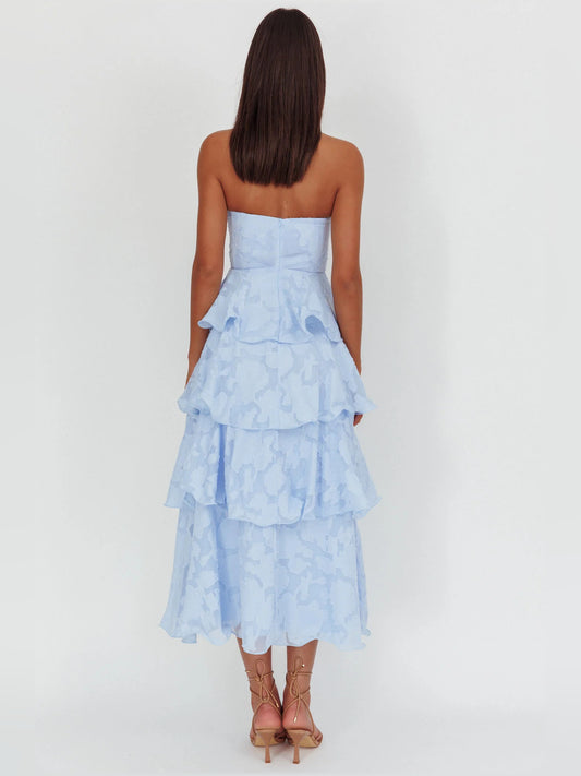 Blue midi formal dress with floral print, alternate view