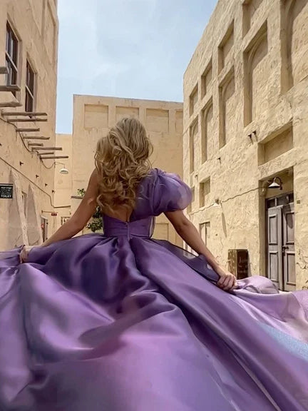 Purple high-low prom dress, alternate view showing the bodice and skirt