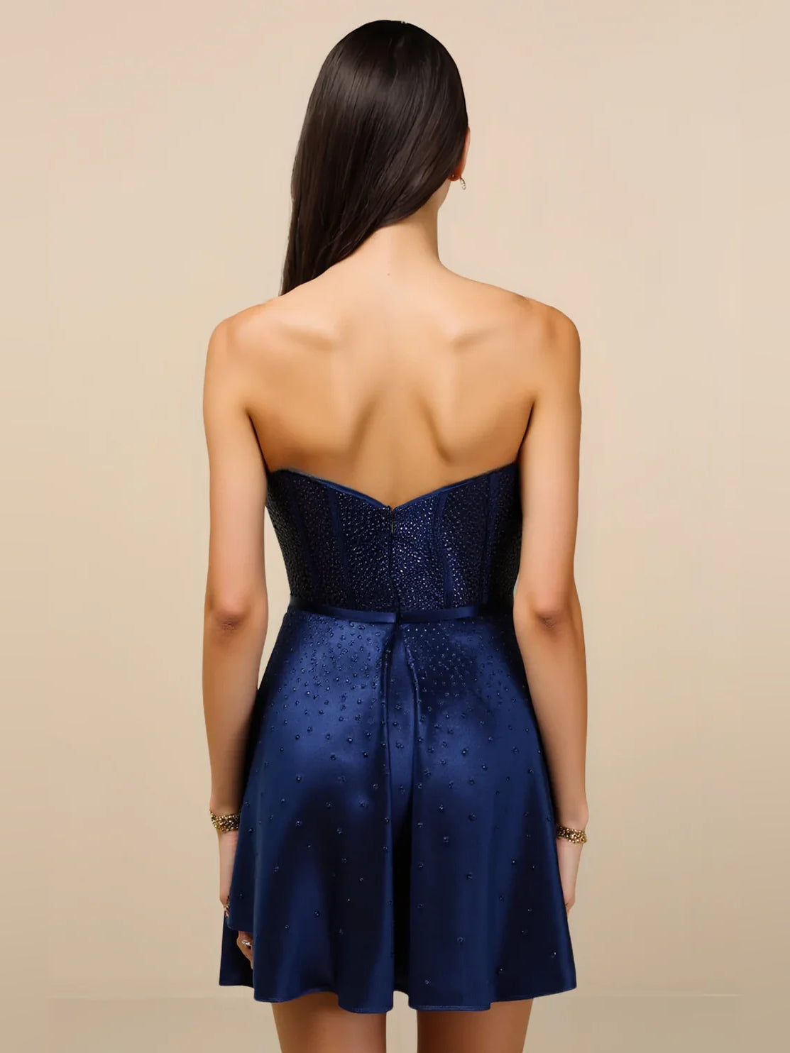 Dark Navy short homecoming dress, back view showing the rear of the dress
