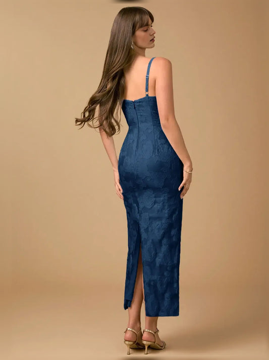 Navy Blue mermaid midi formal dress with skirt slit, alternate view