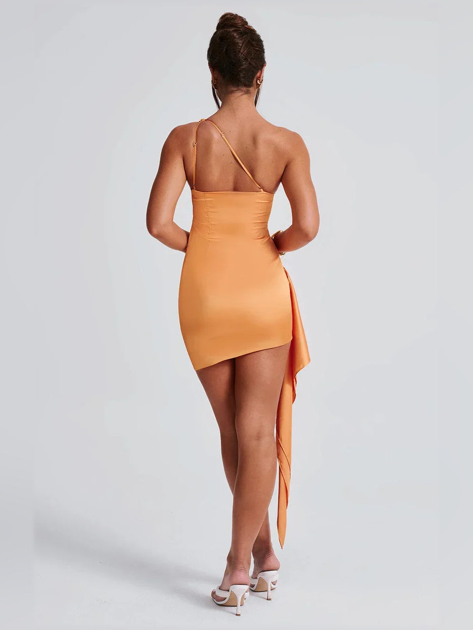 Orange bodycon mini formal dress with draping, alternate view