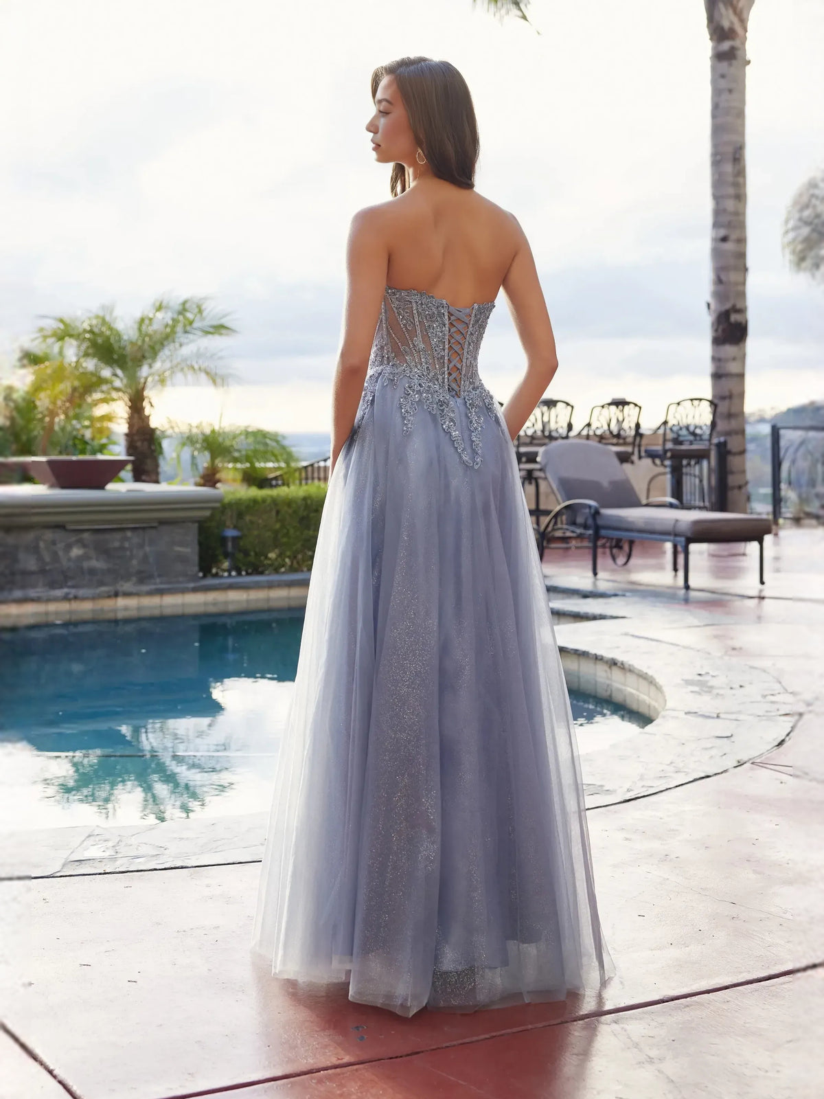 Dusty Blue floor-length prom dress, alternate view showing the bodice and skirt