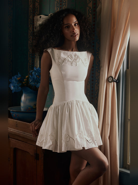 White mini homecoming dress, alternate view showing the bodice and skirt