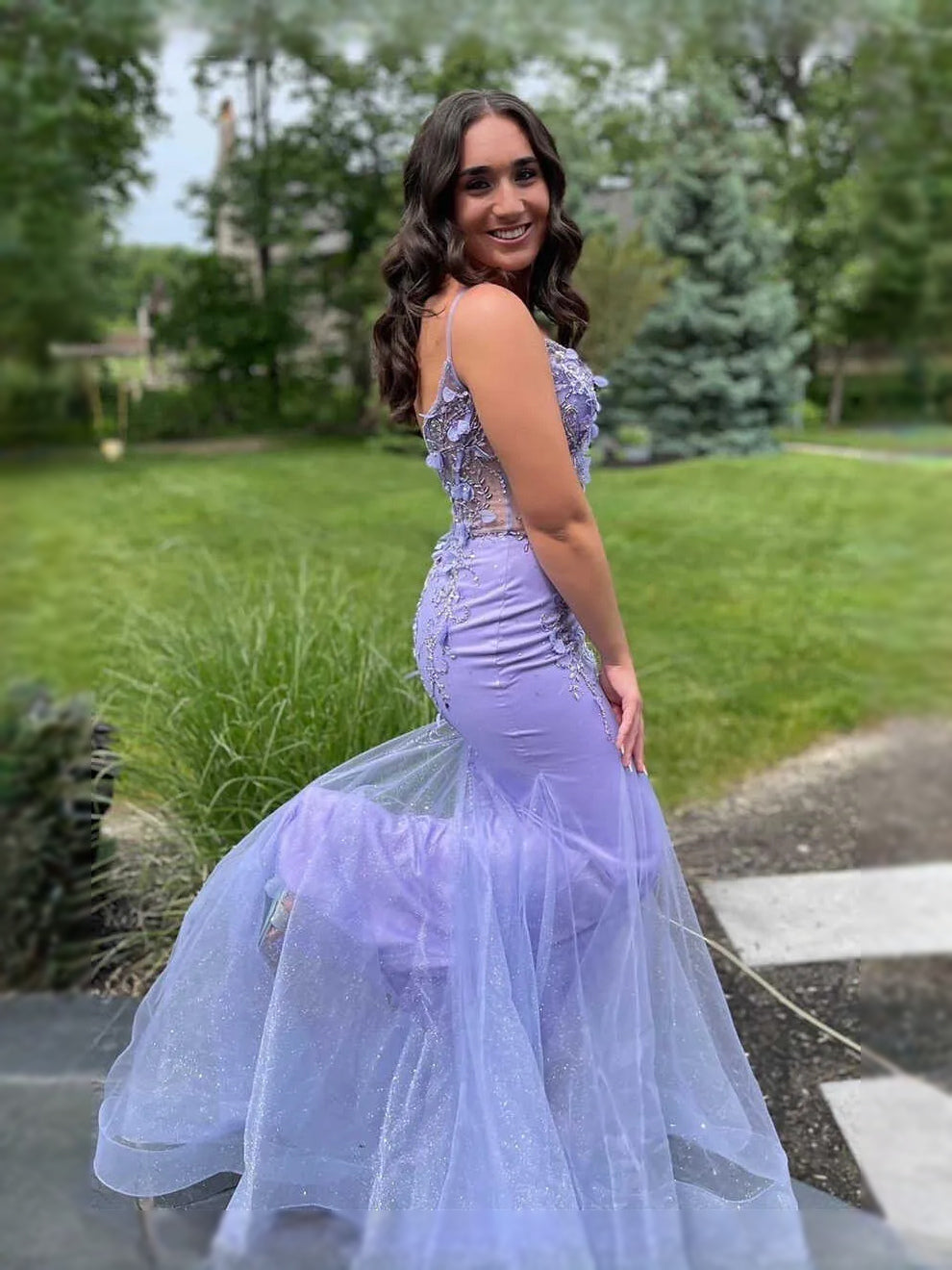 Lavender maxi prom dress, alternate view showing the bodice and skirt