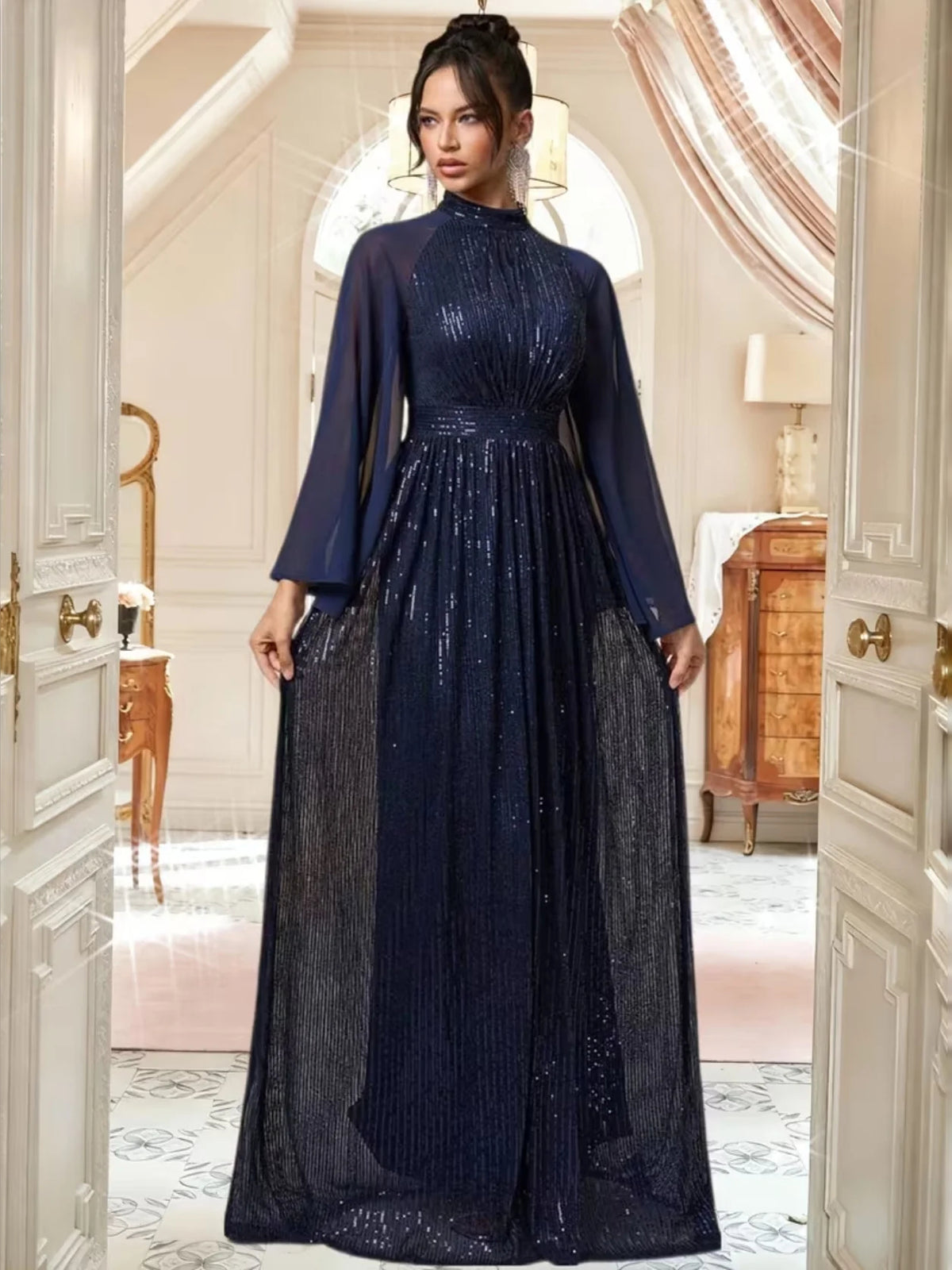 Champagne floor-length prom dress, alternate view showing the bodice and skirt