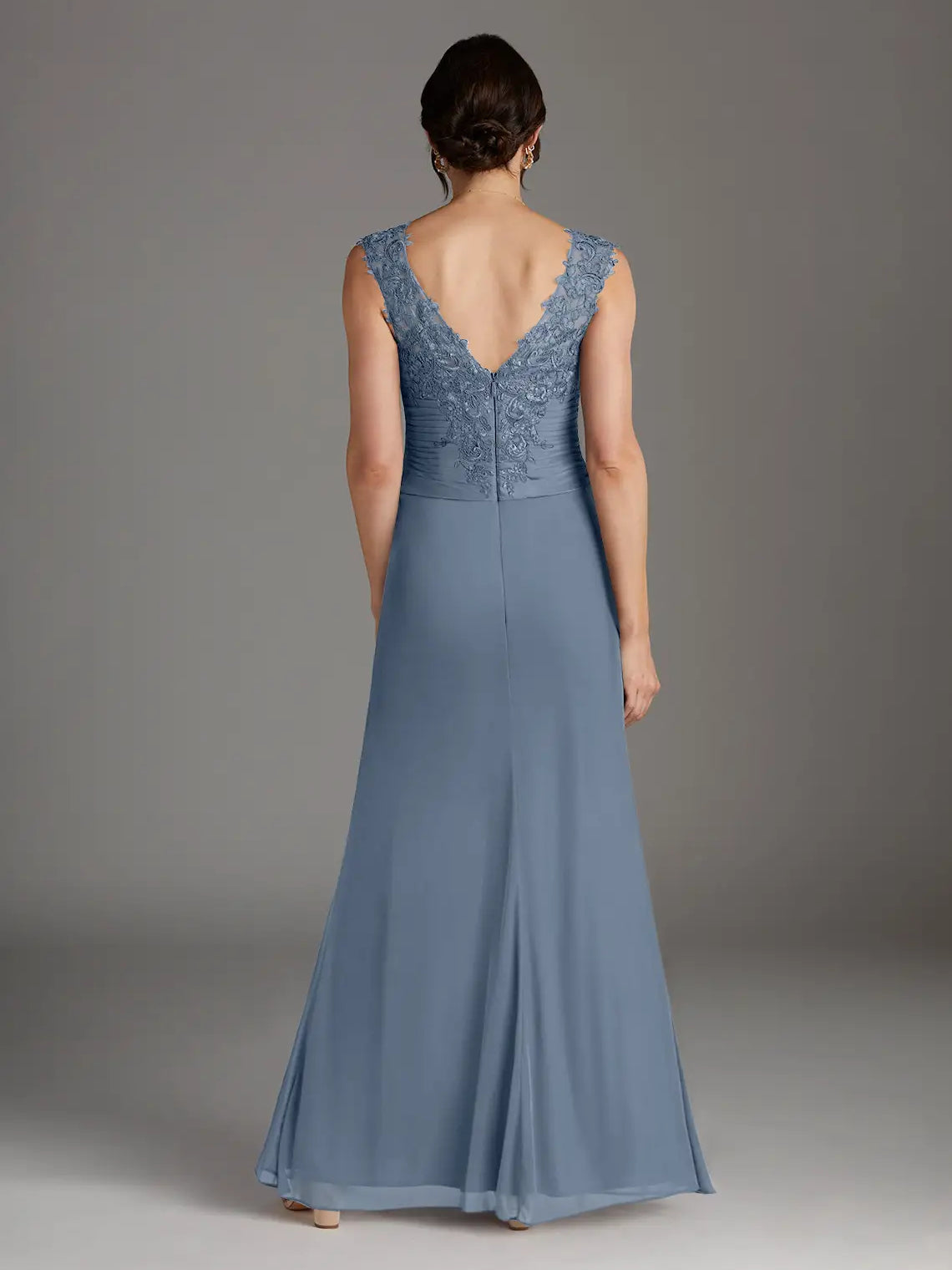 Dusty Blue maxi mother of the bride dress, alternate view showing the bodice and skirt