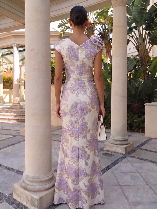 Lavender floor-length mother of the bride dress, alternate view showing the bodice and skirt