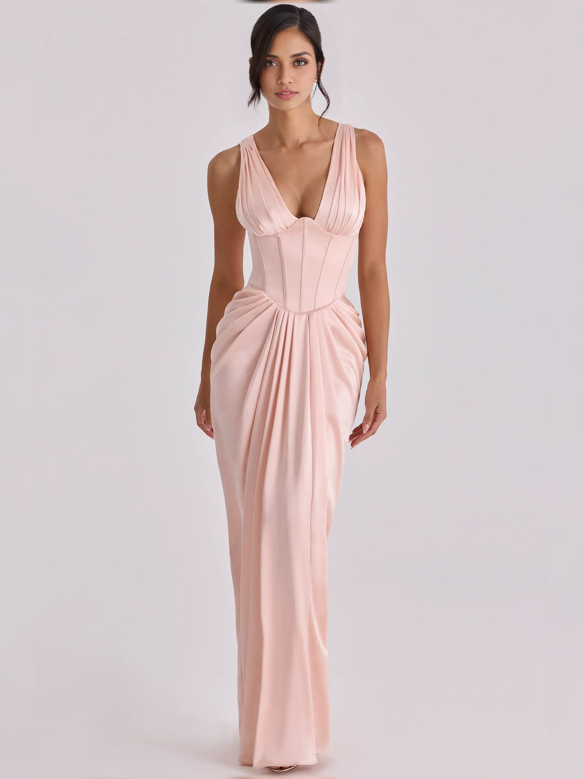 Blush Pink sheath floor-length formal dress with draping, alternate view