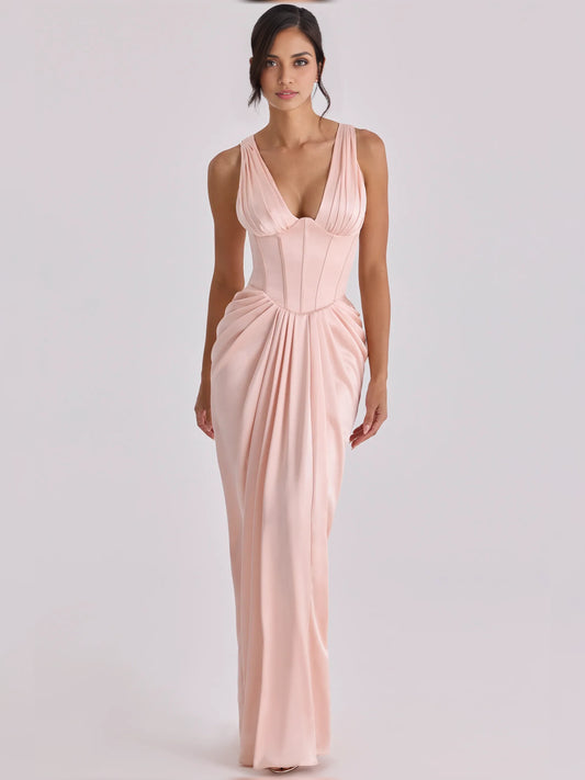 Blush Pink sheath floor-length formal dress with draping, alternate view