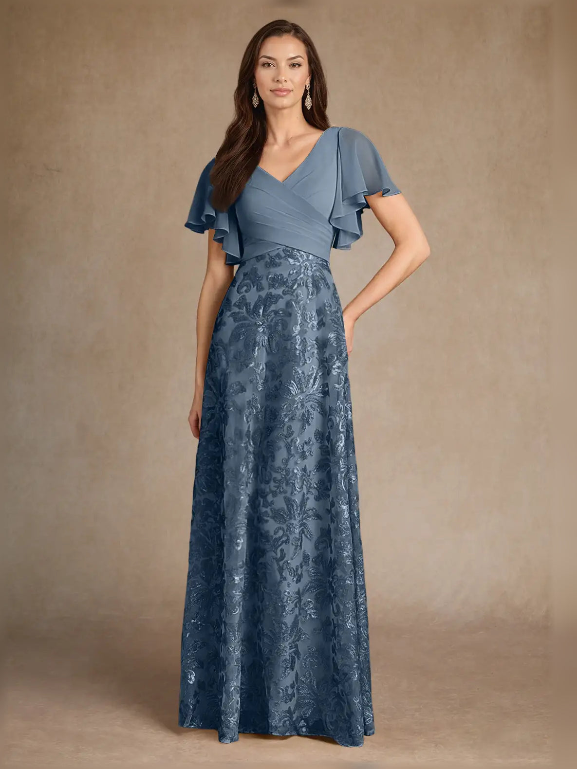 Dusty Blue maxi mother of the bride dress, alternate view showing the bodice and skirt