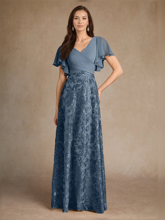 Dusty Blue maxi mother of the bride dress, alternate view showing the bodice and skirt