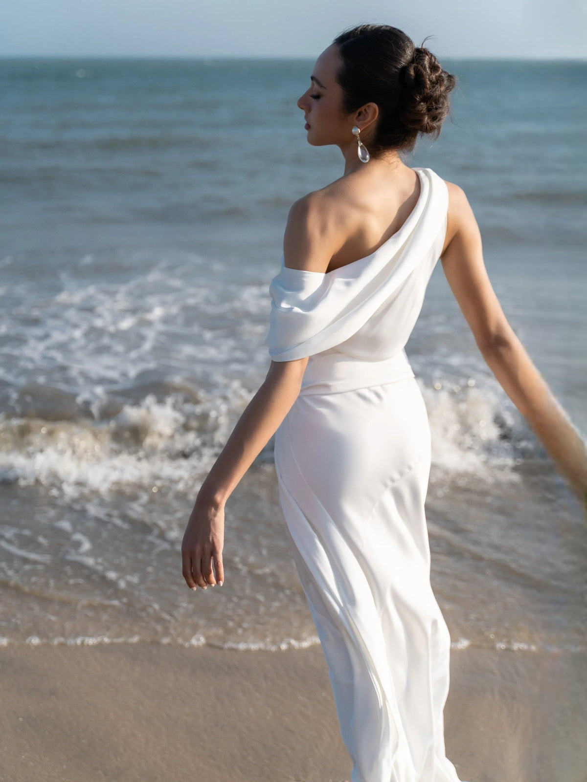 White midi wedding dress, alternate view showing the bodice and skirt