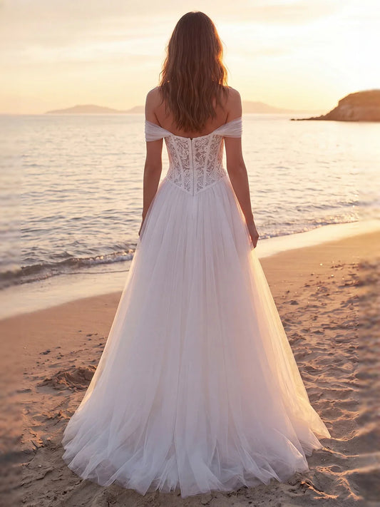 Ivory floor-length wedding dress, alternate view showing the bodice and skirt