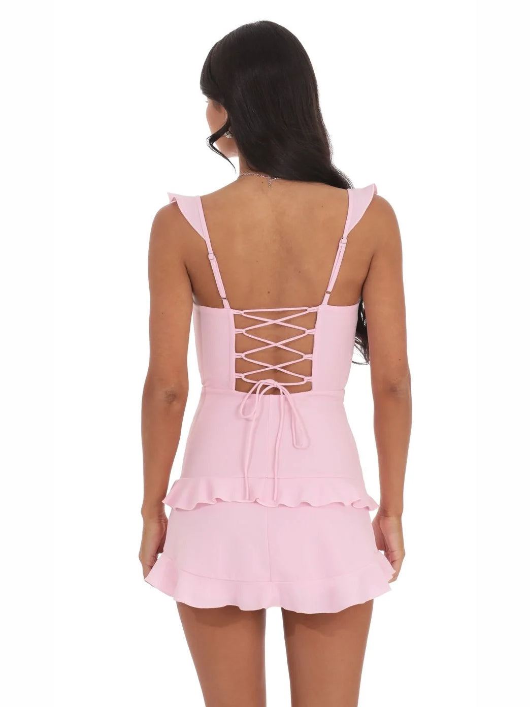 Blush Pink mini homecoming dress, back view showing the rear of the dress