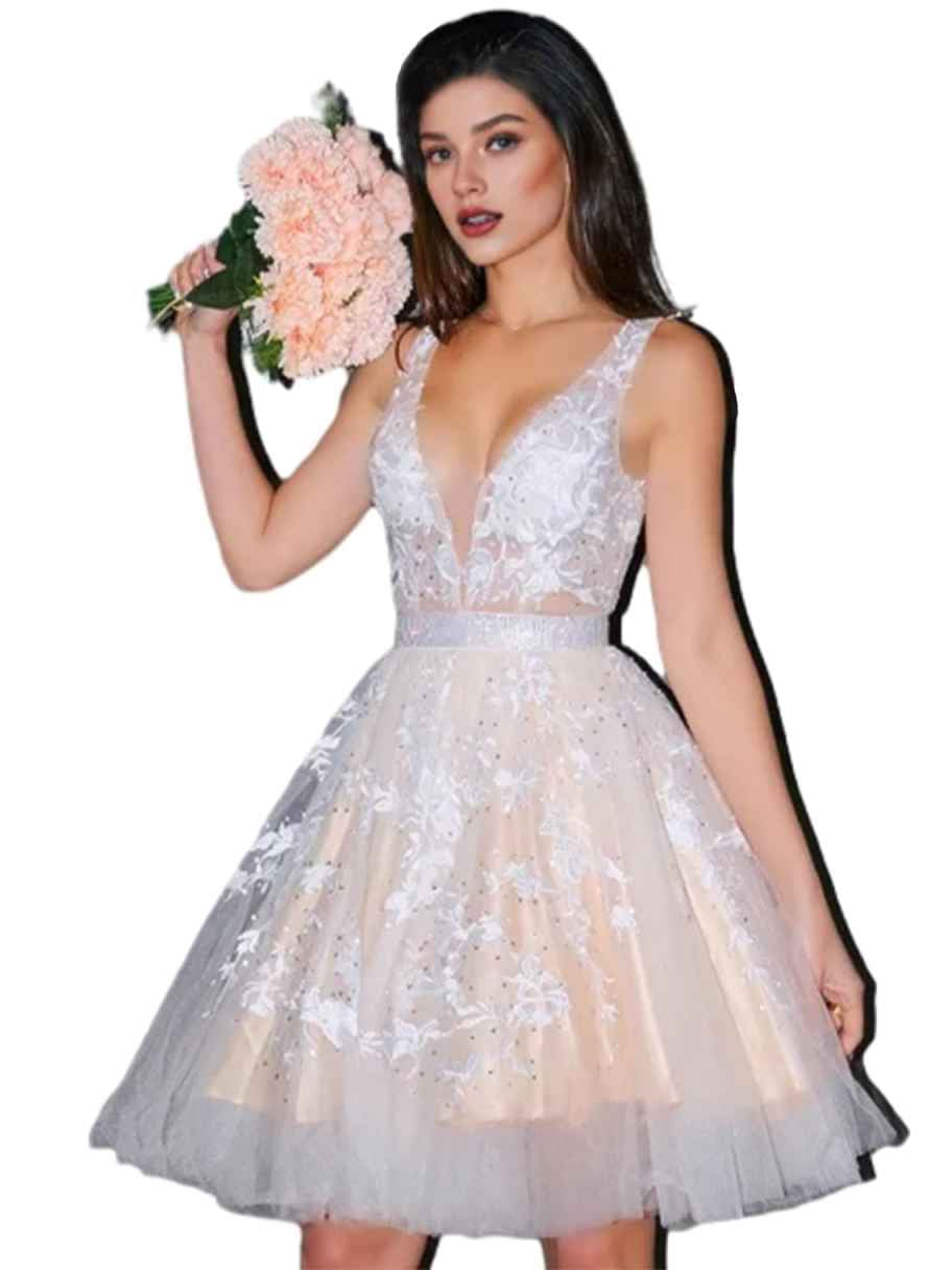 Nude mini homecoming dress, back view showing the rear of the dress