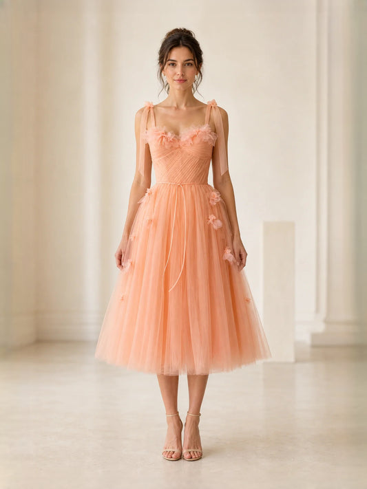 Orange midi prom dress, alternate view showing the bodice and skirt