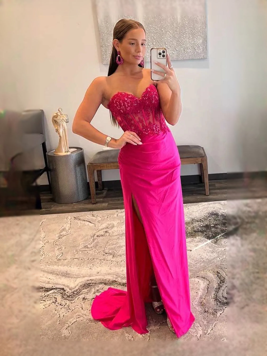 Hot Pink floor-length prom dress, alternate view showing the bodice and skirt