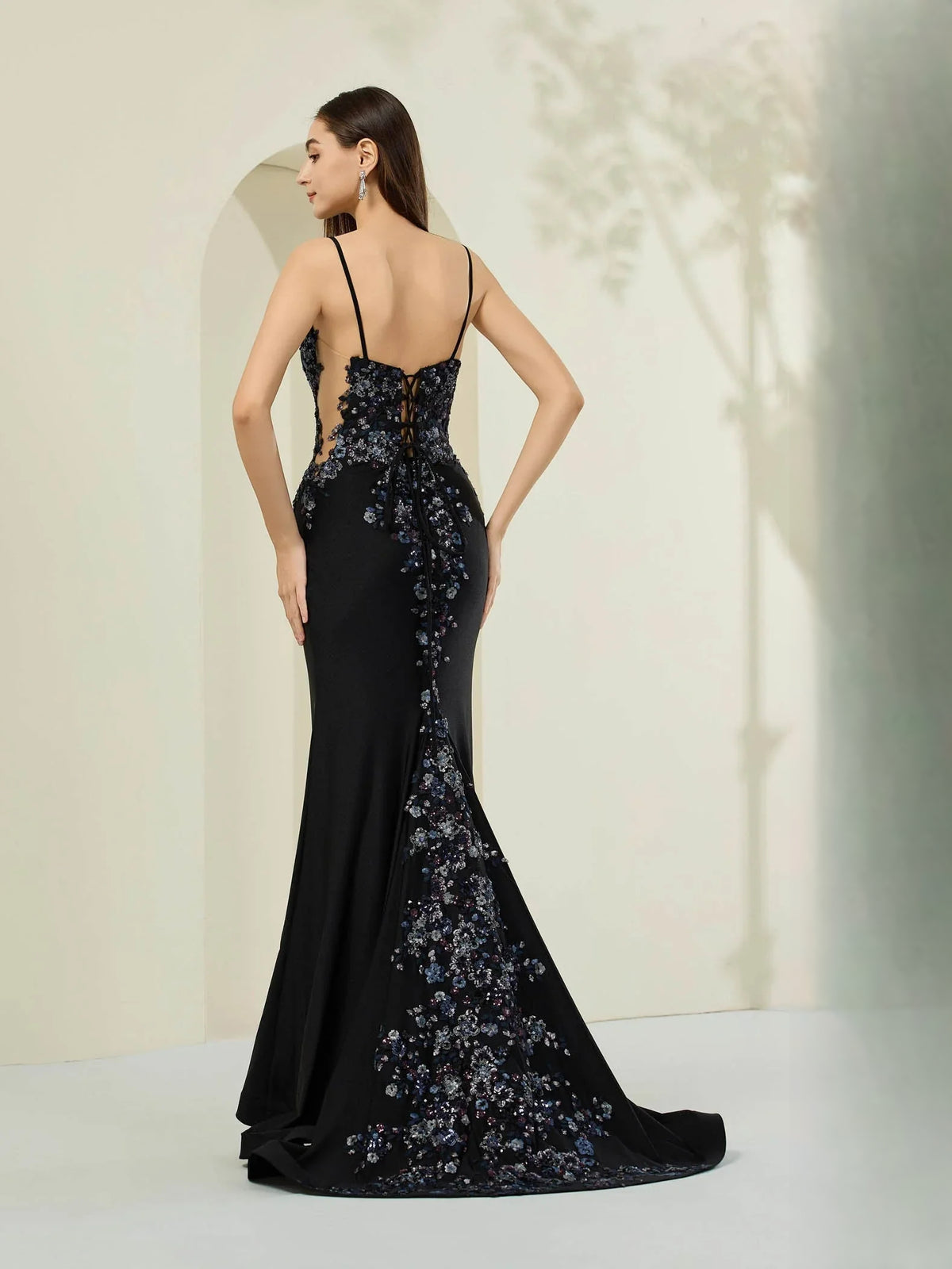 Black mermaid floor-length formal dress with corset-style bodice, alternate view