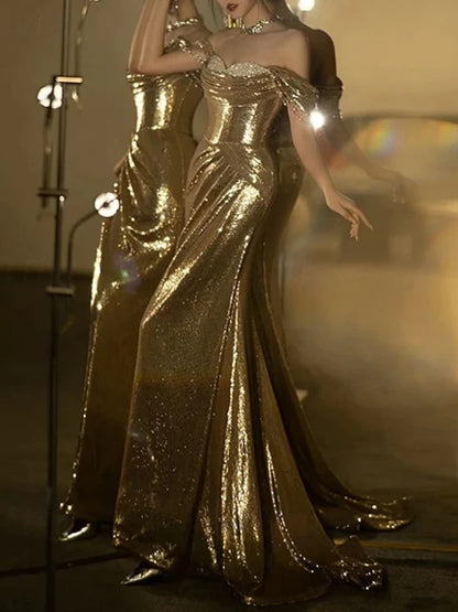 Gold mermaid floor-length formal dress with sequins, alternate view