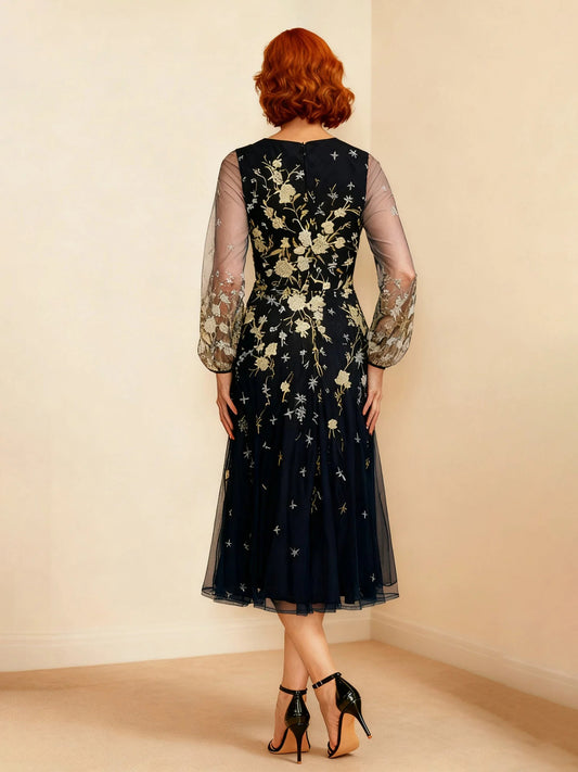 Dark Navy midi mother of the bride dress, alternate view showing the bodice and skirt