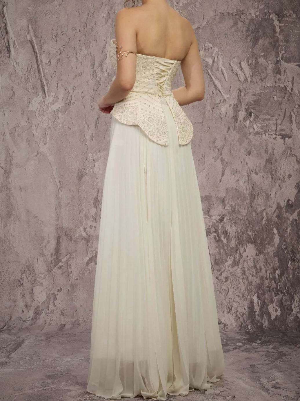Cream Sweetheart Peplum Corset A-Line Floor-Length Formal Dress, product view