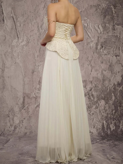 Cream Sweetheart Peplum Corset A-Line Floor-Length Formal Dress, product view