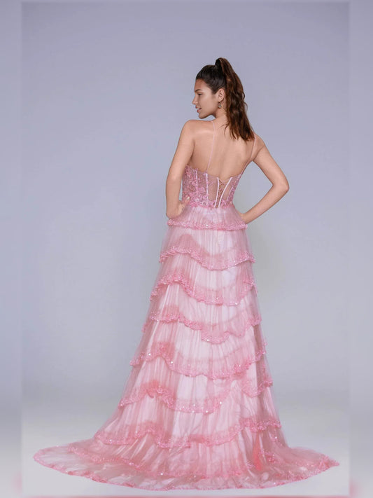 Light Pink a-line floor-length formal dress with tiered skirt, alternate view