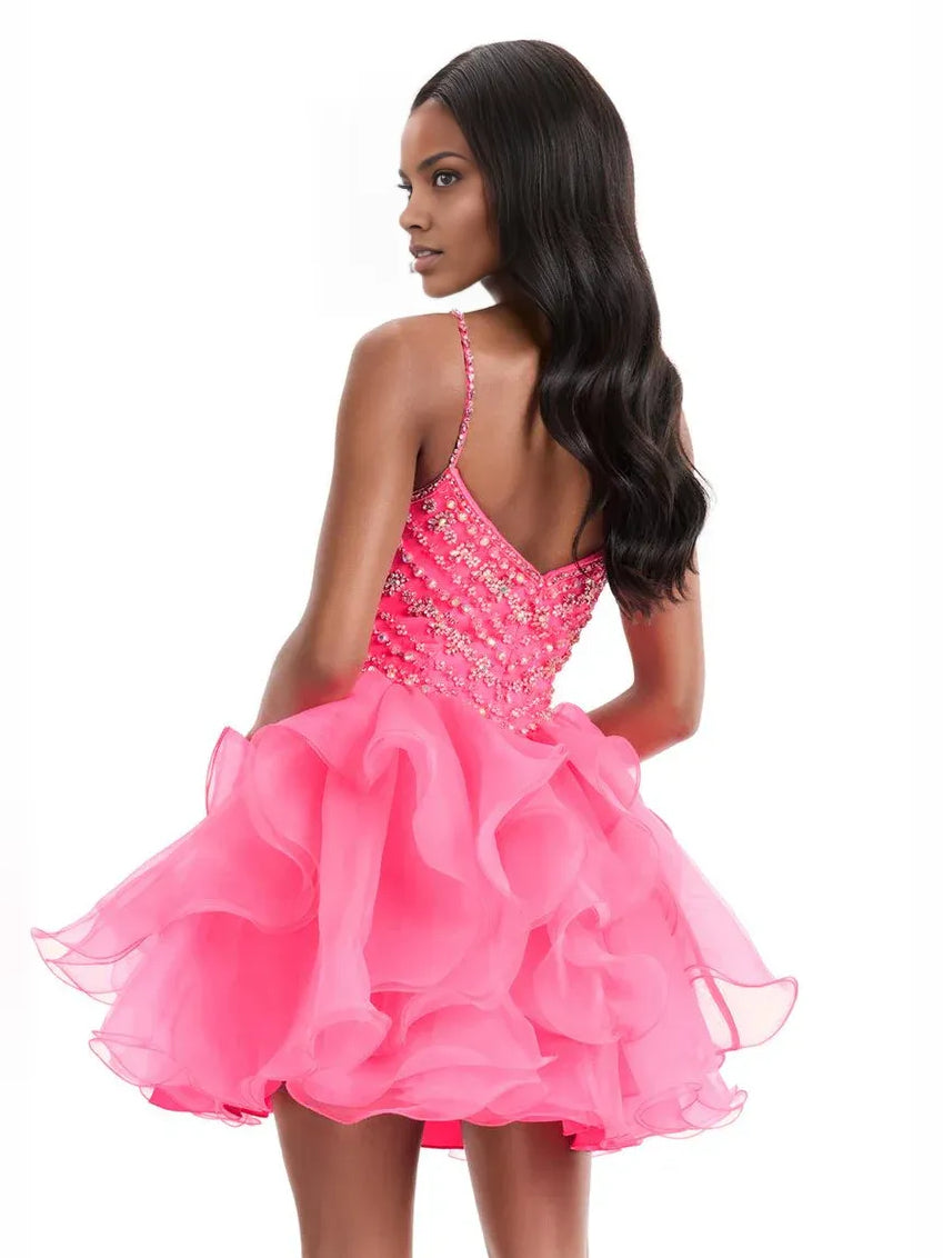 Hot Pink mini homecoming dress, back view showing the rear of the dress