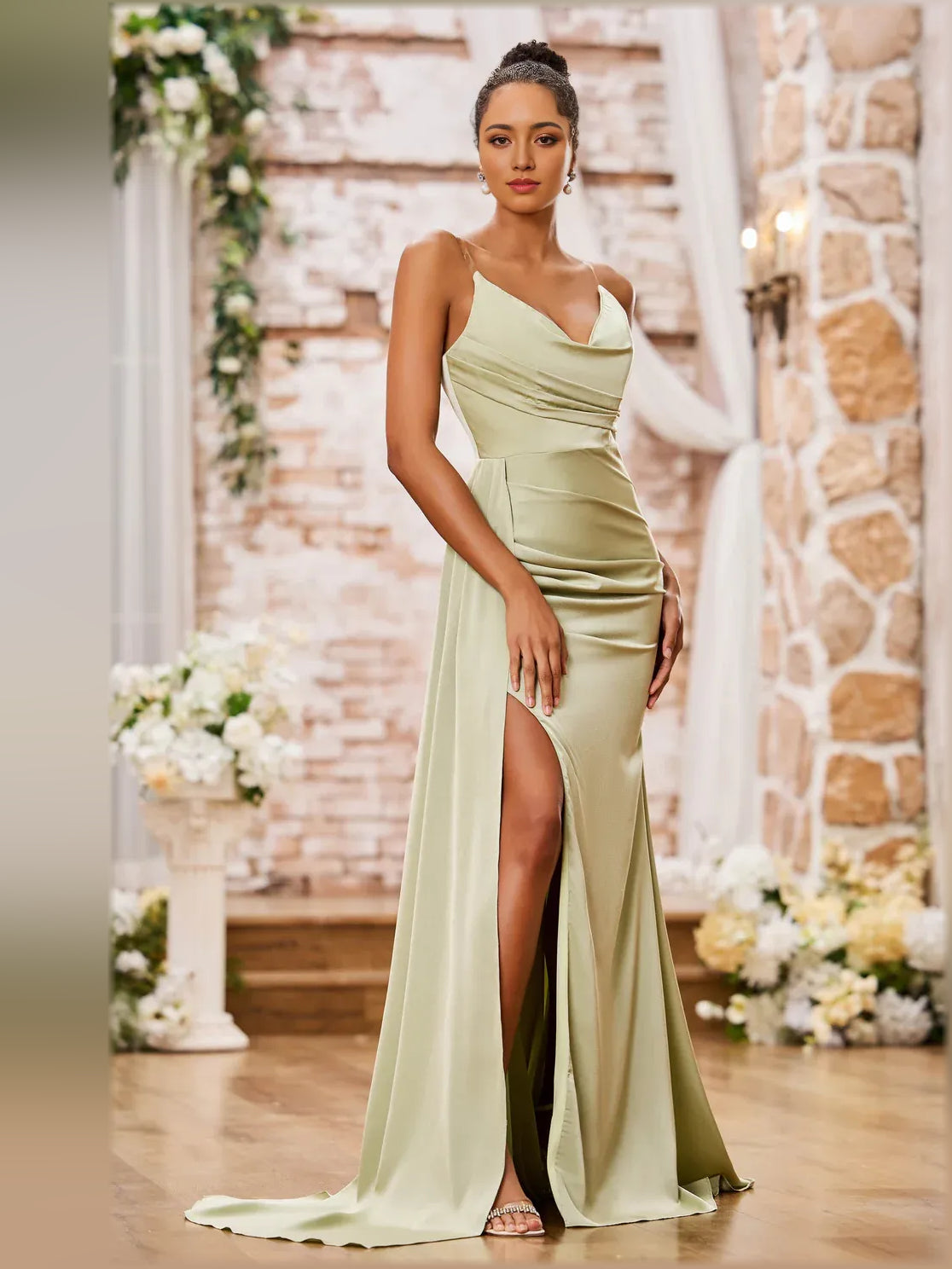 Sage Green mermaid floor-length formal dress with skirt slit, alternate view