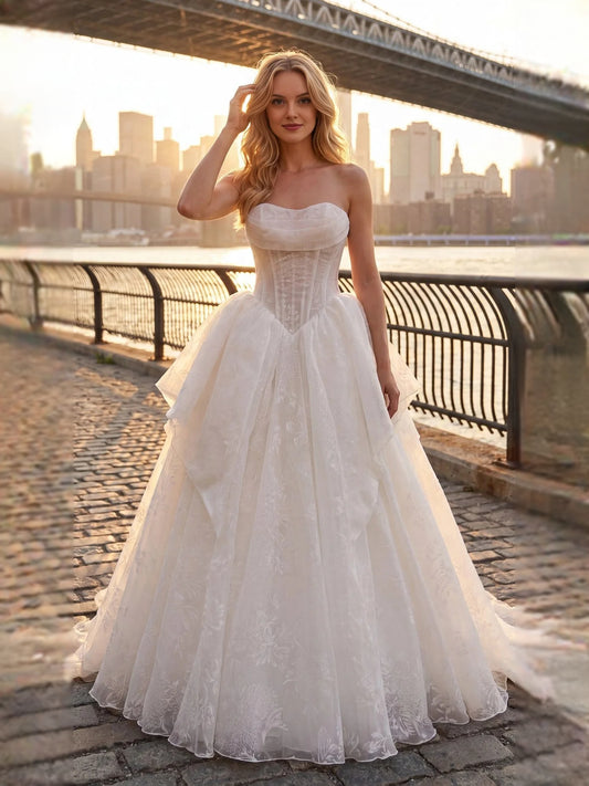 Ivory floor-length wedding dress, alternate view showing the bodice and skirt