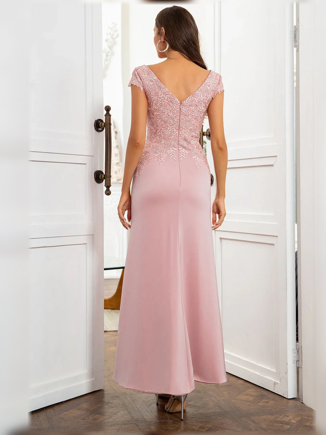 Dusty Rose maxi mother of the bride dress, alternate view showing the bodice and skirt