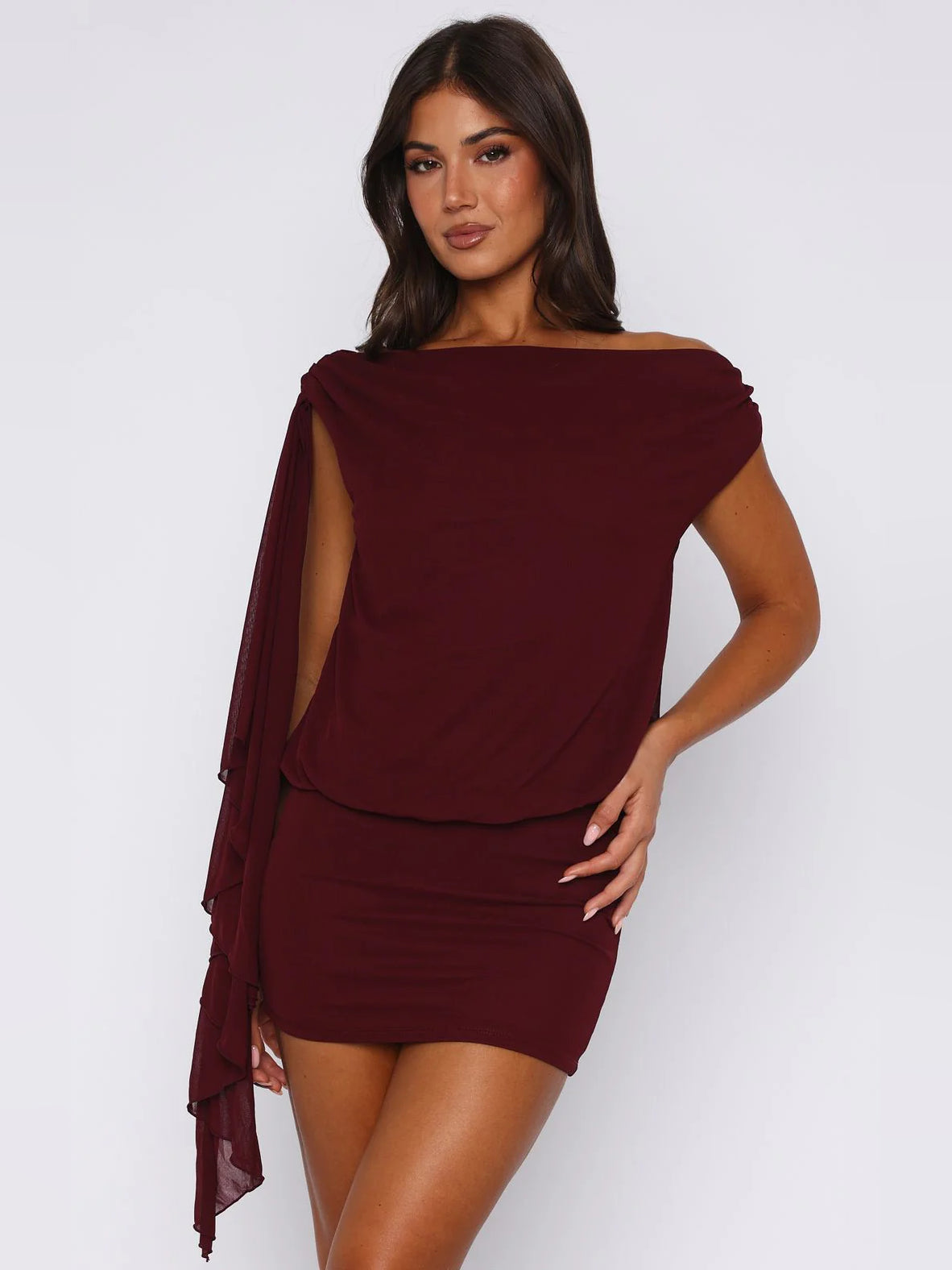 Wine mini homecoming dress, alternate view showing the bodice and skirt