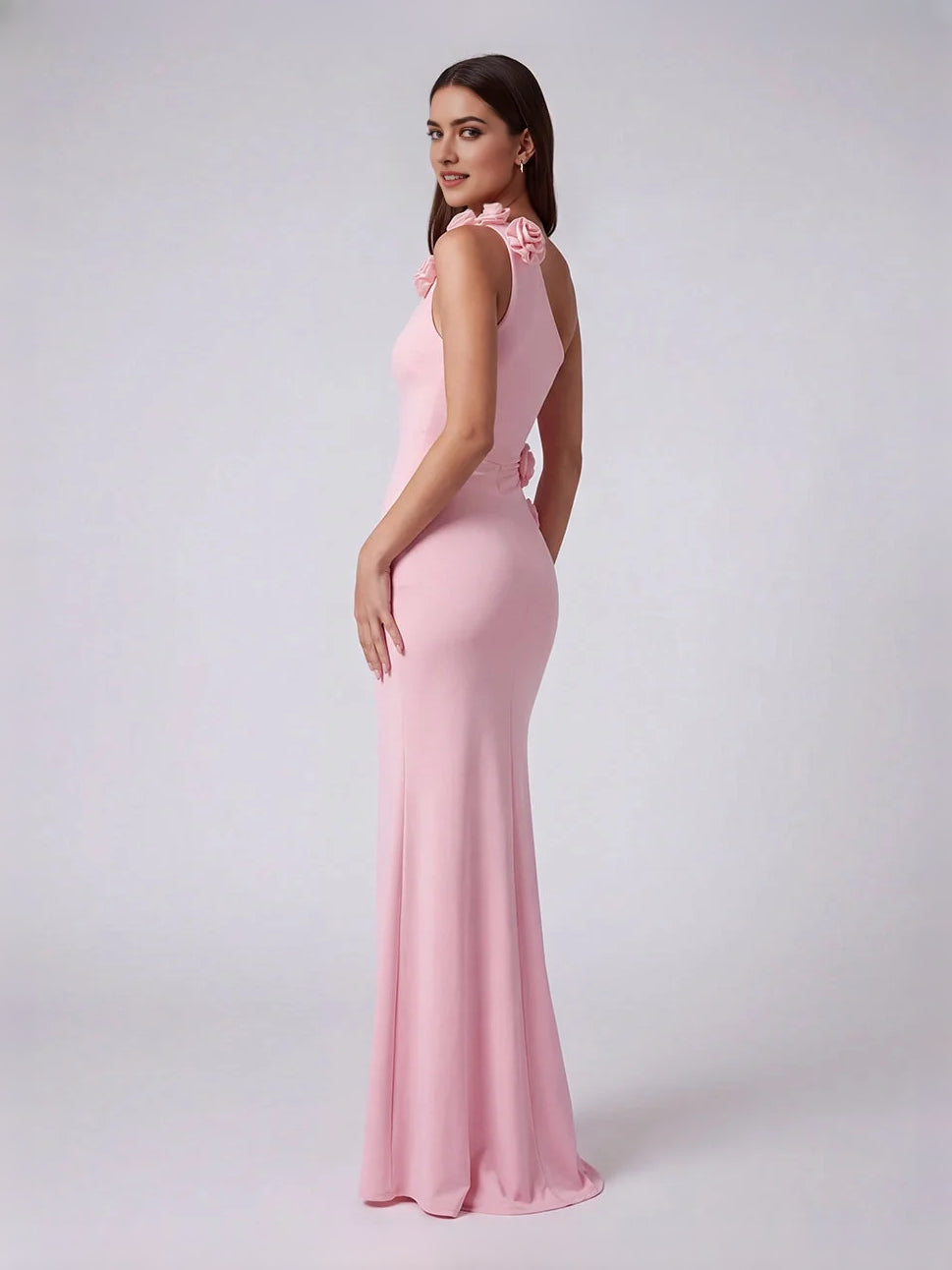 Pink floor-length bridesmaid dress, alternate view showing the bodice and skirt