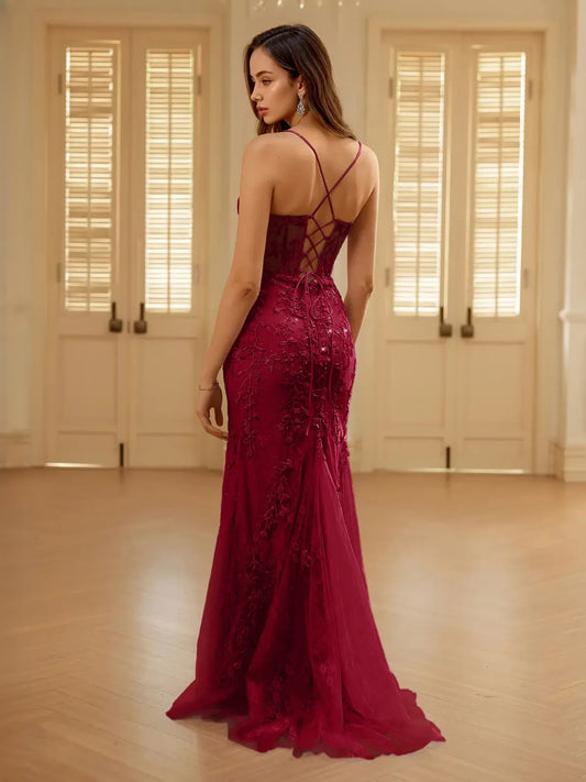 Burgundy floor-length prom dress, alternate view showing the bodice and skirt